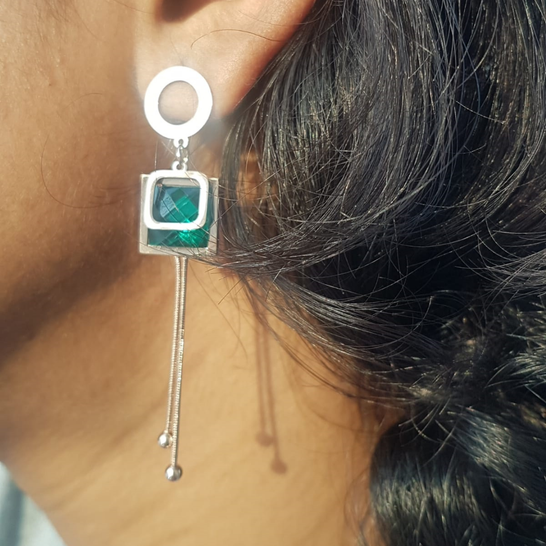 Green Square Dangle Earrings