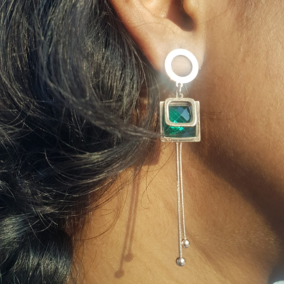Green Square Dangle Earrings